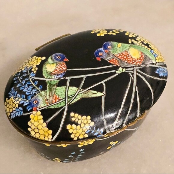 Antique Oriental Art Deco Black Enamel with Parrot Birds Oval Trinket Box